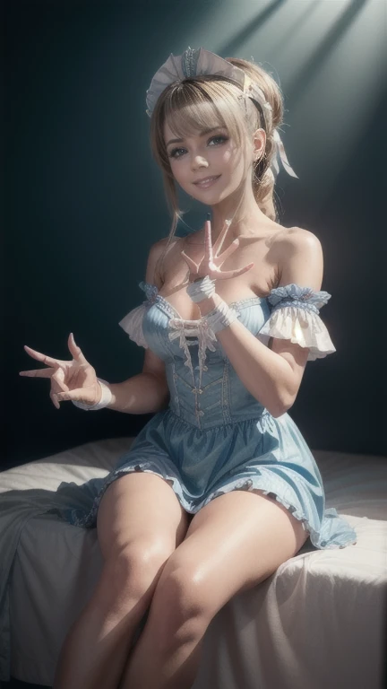 1 girl, Princess Zelda, blonde hair, short hair, blue eyes, soft, soft light, delicate, frills, vagina, dripping wet cum, (small breasts, exposed breasts, nipples), frilly, frilly socks, filigree, choker, ruffles, blue and white, bed, (flirty, soft smile, gentle smile, spread legs), laying on bed, messy hair, laying down, feet kicked up, parted lips, sexy pose,  open mouth, miniskirt, happy
