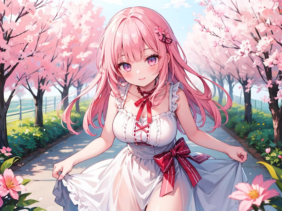 cherry blossoms、Light pink to dark pink gradation hair、Long Hair、Magenta eyes、White off-the-shoulder clothing、Asymmetrical mini skirt、Heel、woman、Boobs a little big
