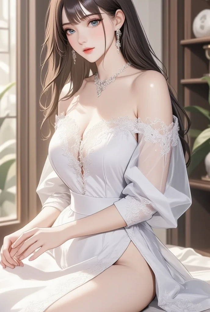 Best quality, masterpiece, high resolution, 1girl, transparent silk dress, beautiful face, hair accessories, look at the audience, smile, close mouth, lips, half-off, white lace dress, hair accessories, necklace, jewelry, long hair, earrings, beautiful face, on the body, Tyndall effect, realism, dark studio, edge lighting, two-tone lighting, (high detail skin: 1.2), 8k uhd, DSLR, soft light, high quality, volumetric lighting, sneak peek, photo, high resolution, 4k, 8k, background blur, white lingerie, cleavage, exposed thighs, stockings, lace, deep cleavage