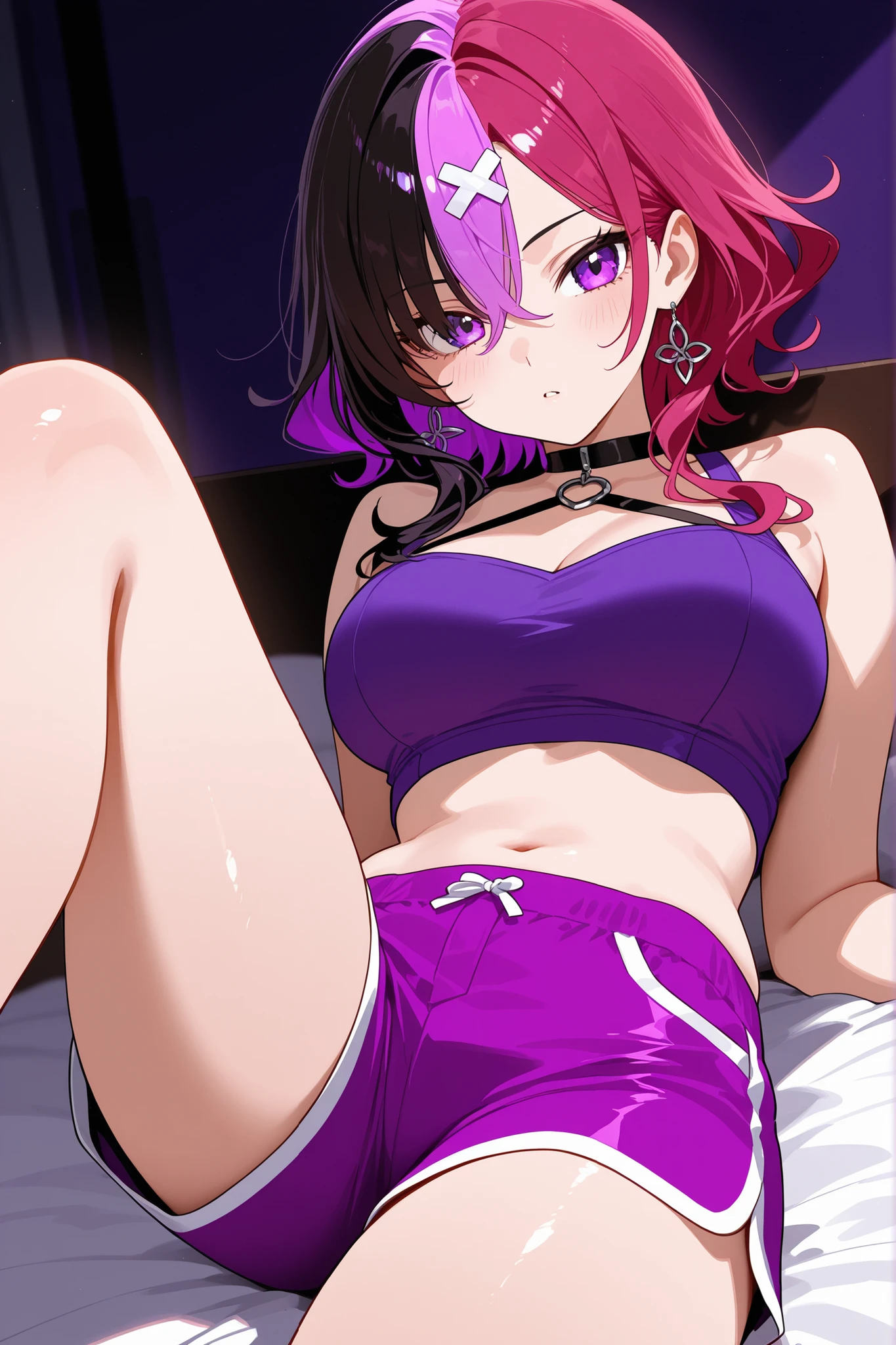 an anime girl with purple hair next to a bed, 1girl, solo, smile, yellow eyes, pink hair, looking at the viewer, tightness, last, wearing a bra and very small panties, muscular thighs, muscular belly, barefoot, standing, hands on hips, full body photo