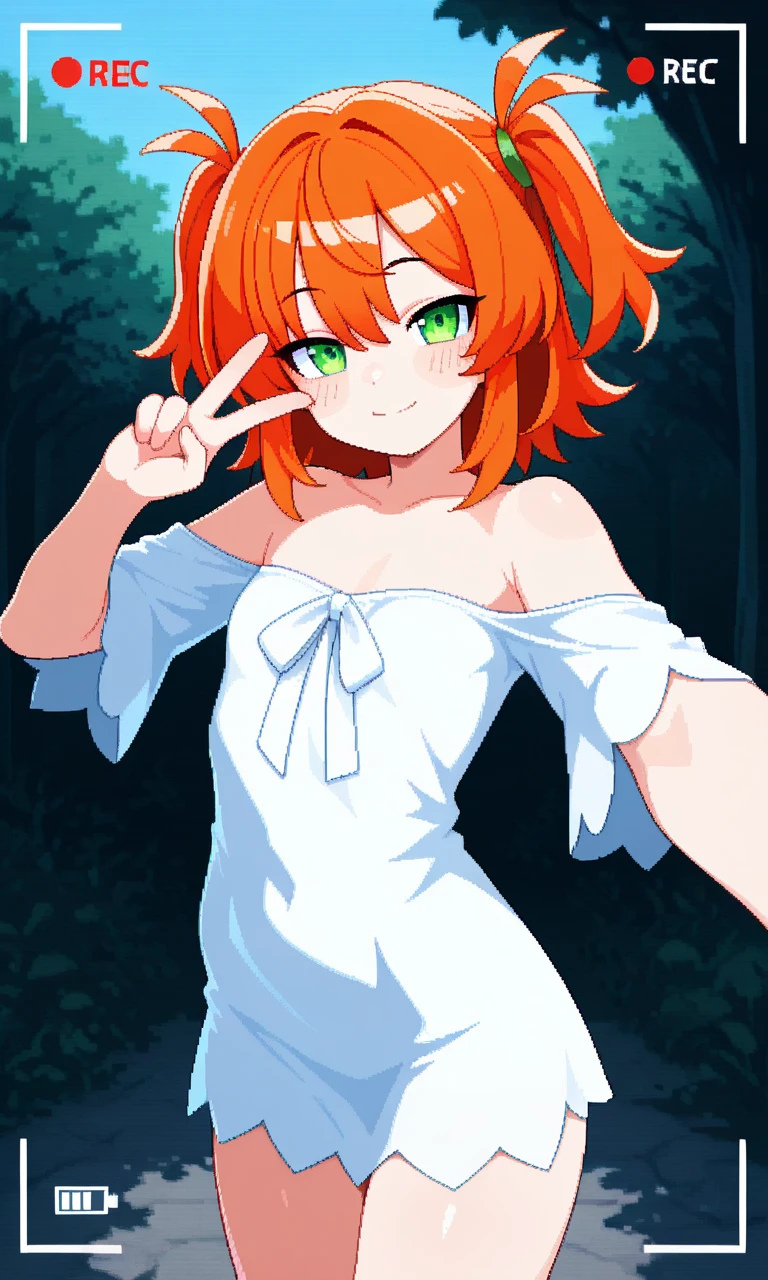 (Masterpiece), Best Quality , ultra-detailed, 1girl (Gwendolyn_Tennyson, breasts, naked body, orange hair, short hair, green eyes), a surprised face, open mouth,  nose blush, blush, solo, facing viewer, looking at viewer, sundress, forest, in the mountain cabin, night time, dark lighting, standing, come-on, arms up pose, wind, skirt lift,  love juice flows out of her pussy 