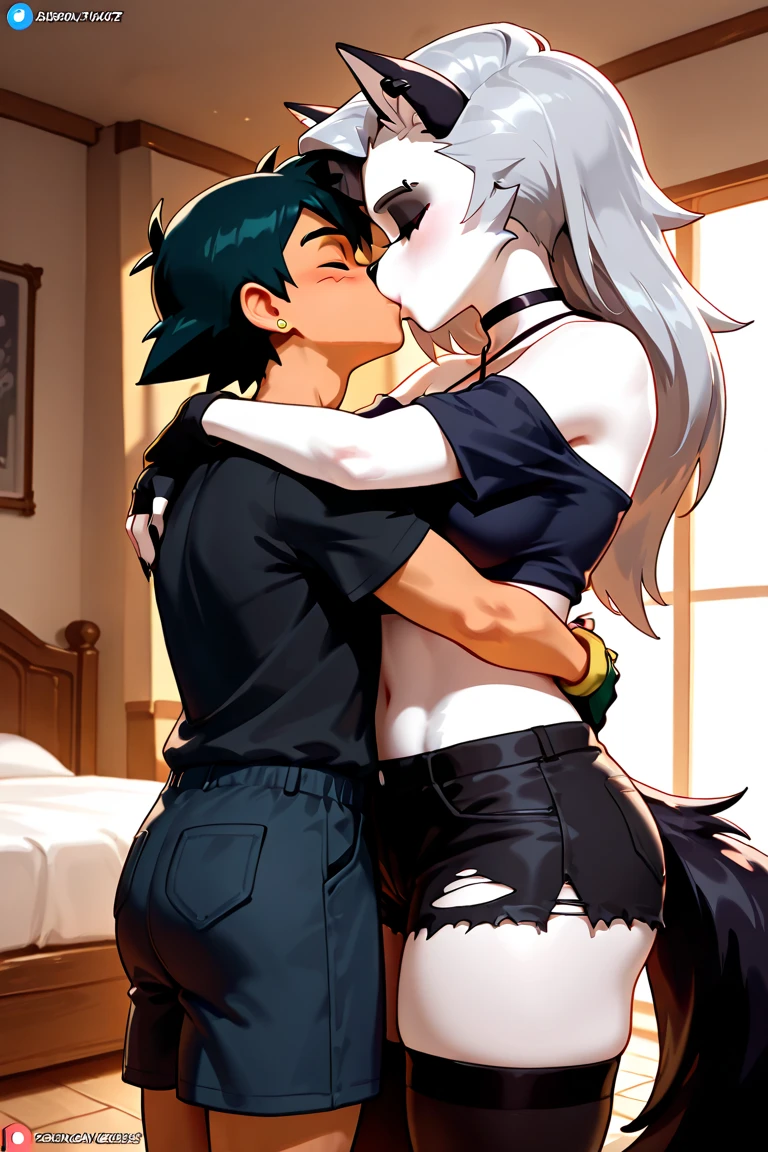 Albedo_overlord,black hair,curvy body,medium breast,big hips, wearing oversized sweater only,half naked, very wet body,nsfw,bred by a black man(faceless and black skinned),mating on bed,kissing,sex scene, midnight setting,((Kamasutra art style)),((Hentai art style)).