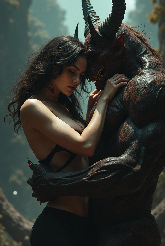 horror , (beauty and bestiality) , beautiful woman , (with ugly beast) , moist thin eyes , glossy lips , Swollen cheeks , heart is beating fast , messy dress , Devour each other like beasts