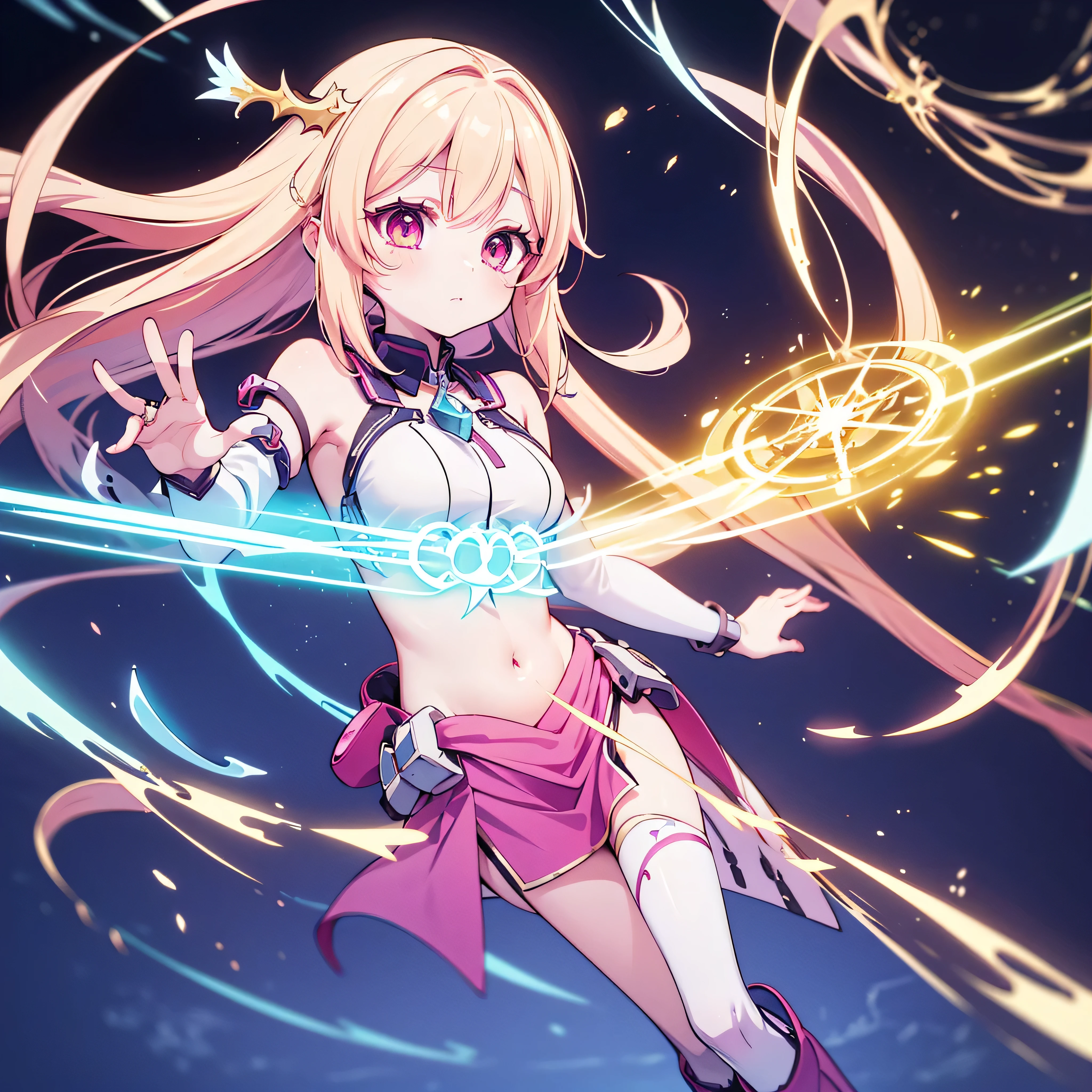 original female Flügel character from the No Game No Life universe, NOT Jibril, full-body, long flowing pastel gradient hair (from pale pink to blonde), golden glowing eyes with vertical slit pupils, calm and confident expression, wearing a high-tech magical outfit with glowing runes, thigh-high boots, floating arcane accessories, and Flügel-style detached sleeves, geometric light wings floating behind her, open spellbook in one hand, floating mid-air inside a radiant sky library, cinematic lighting, sharp clean anime style, fantasy sci-fi hybrid design, highly detailed, 8k
