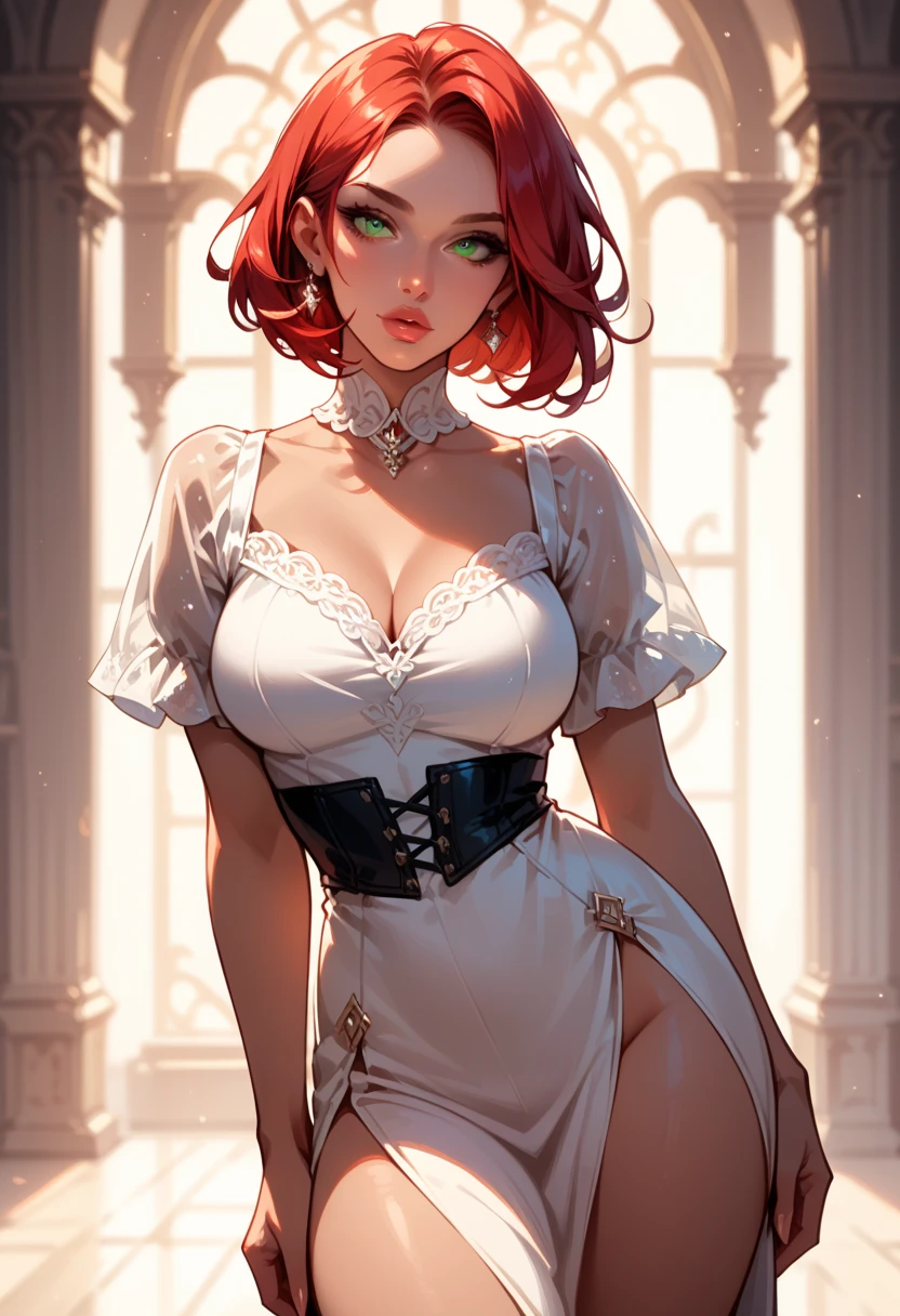 Zelda wearing a topless Victorian black lace corset:1.2, gothic, Looking at Viewer, Cinematic lighting, Perfect, softlight, High resolution skin:1.2, Realistic skin texture, 20 years old woman、a small face、no-makeup、, heart necklace, earrings, Blue eyes, (Short hair, bright red hair)、、Gray background、(art by John Collier:1.4)