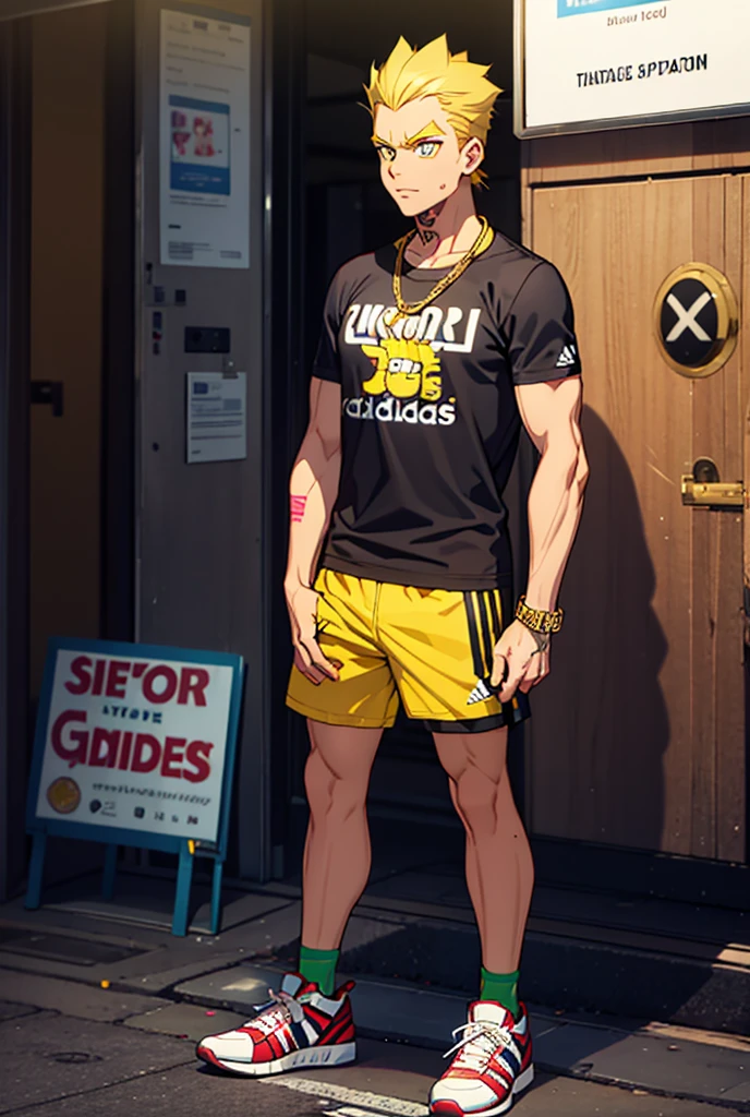 bakugo, Guy blonde, the sweat , in gray panties , naked torso , bulge between legs, outstanding , Bump in panties , slender shoulders, bulge, hands inside pocket , In the store , stands , in full height, Inflated body ,