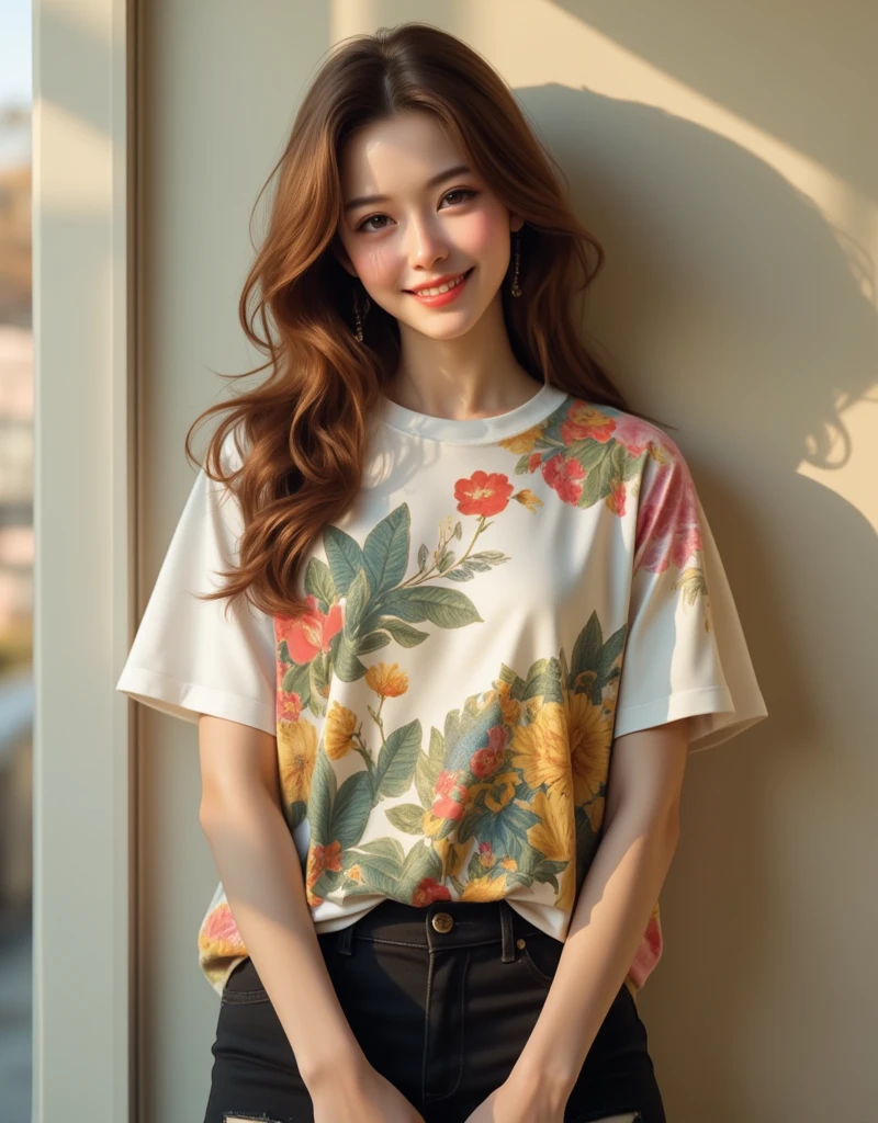 Redrawing Smiling Face Off-the-shoulder T-shirt Holding a Kitten Colorful flowers blooming in the background. Tidy living room in the background.