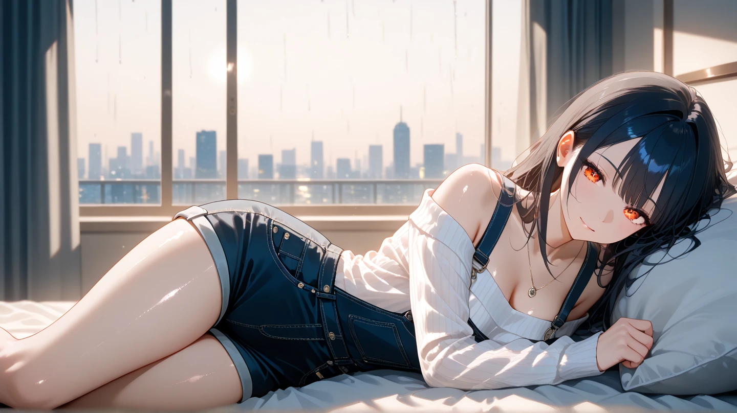 (perfect anatomy:1.2)(absurdres, highres, ultra detailed),masterpiece,best quality,high resolution,8k,Realistic face,Realistic skin texture,magnified textures, stunning clarity,detailed anime girl,(ultra detailed eyes and face),(1 girl:1.5)21years old,she is office worker,black hair, bob cut,no-makeup look,Loose-fitting short pants loungewear,black satin good,(wariza:1.3),Blue eyes,sparkling eyes,small nose,roundface,Women's Apartments in suburb,2:00 P.M.(buzzer),(too hot),(sweat),The expression of suffering from the heat,Foliage plant,Sitting right in front of the fan,Outside the window, the sky is blue and there are cumulonimbus clouds