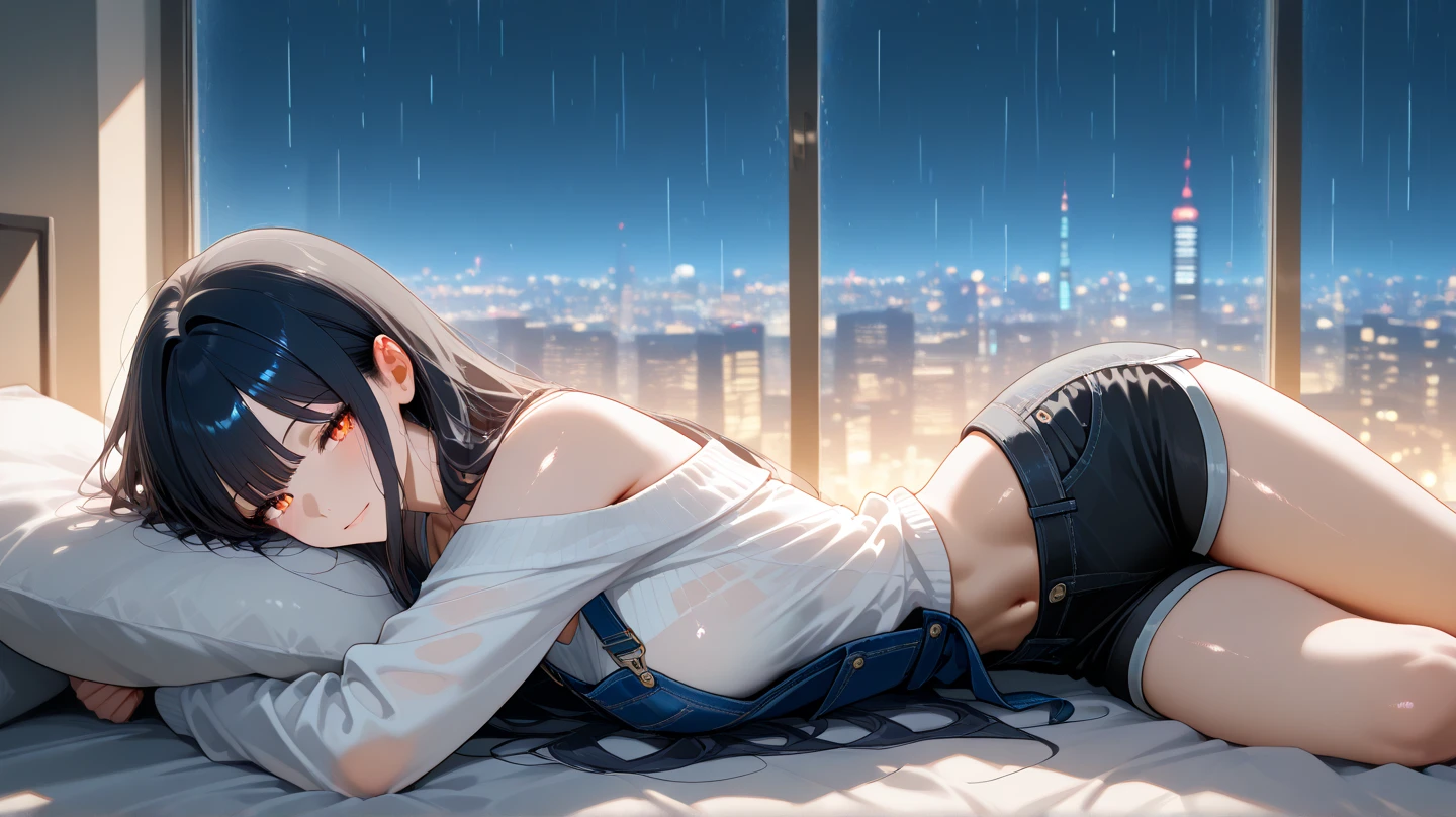 Masterpiece, official art, top quality, perfect anatomy, perfect hands, perfect body, showing full length, top quality, high resolution, finely detailed fingers, showing full length, no background, no logo, 1lady , small breasts, short hair, [brown hair purple hair:0.5], wearing navy officer winter jacket, white shirt , crop top, tie, white bikini panties, Barefoot, Lying on couch, Feet up, Legs up, Knees bent, (((Looking away:1.5))), crop top, Belly button out, Arms behind head, nsfw, Legs up, smoking cigarette in her mouth, very dark room,