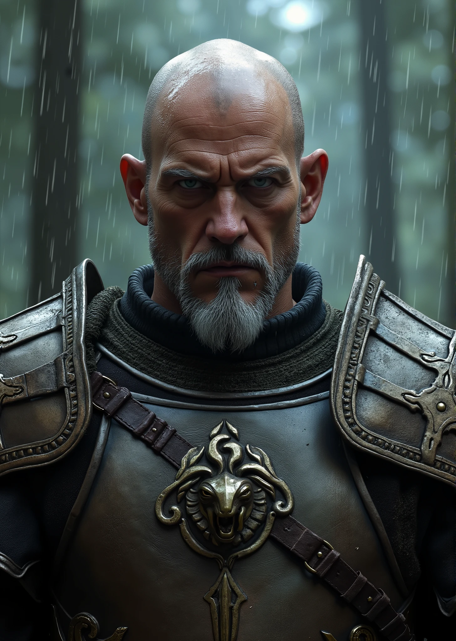 please, draw for me a handsome bald 55 years old warrior, nordic, detailed facial features, muscular neck and shoulders, angry expression, grey goatee, wearing light leather armor, ornated chestplate, in a rainy forest setting, (best quality,8k,highres,masterpiece:1.2),ultra-detailed,realistic,photo-realistic:1.37,dramatic lighting,cinematic,fantasy,moody atmosphere
