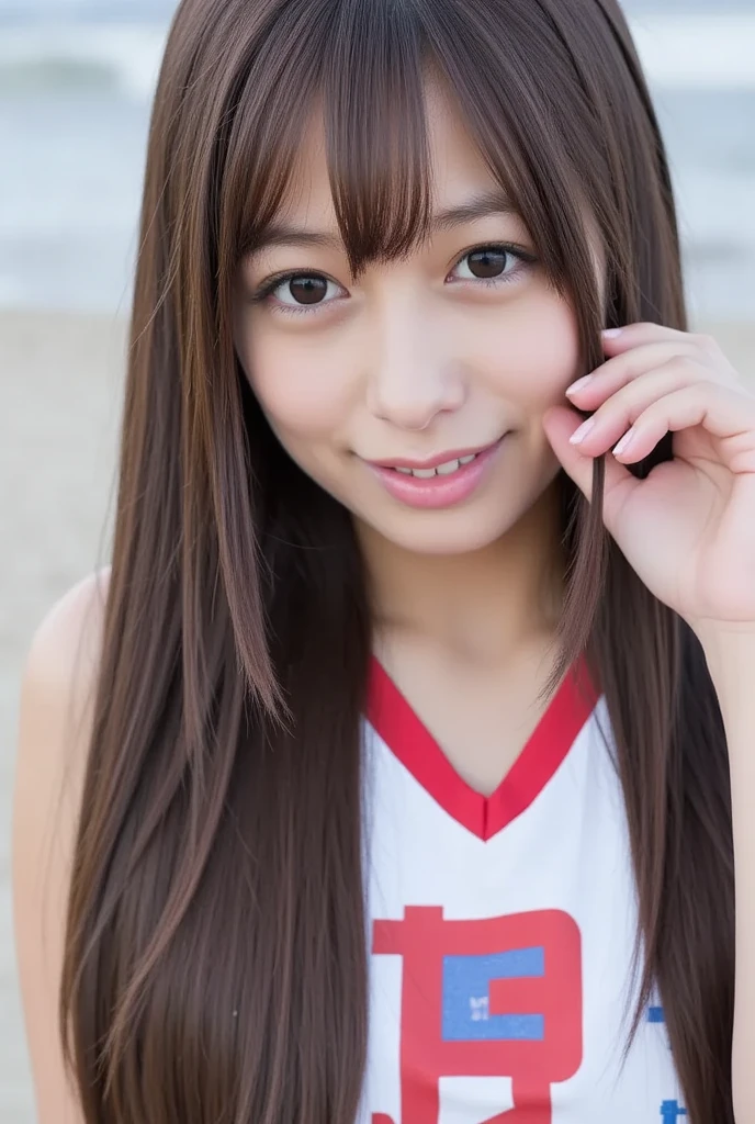 Low - Angle、from below,8K、Detailed Description、Very high definition、Realistic、reality的、Real、live-action、reality、High resolution、full body shot,Nogizaka46、japanese idol,beautiful girl、21 years old、Angle of view that allows you to see the whole body、Pull angle of view、Basketball Goals、Red Basketball Uniform、Knee-up-top angle of view、Mouth closed、smile、Basketball court、Long Hair、Very black hair、Hair blowing in the wind、pretty girl、Beauty、Glowing Skin、Glowing Skin、Shiny Hair、Very white skin、Headband、Heavy makeup、Large Breasts、Embarrassed、Shyly、Slit eyes、Big Eyes、Double eyelids、Don&#39;t show your teeth、Cross your arms behind your hips、Bend over and peer at me