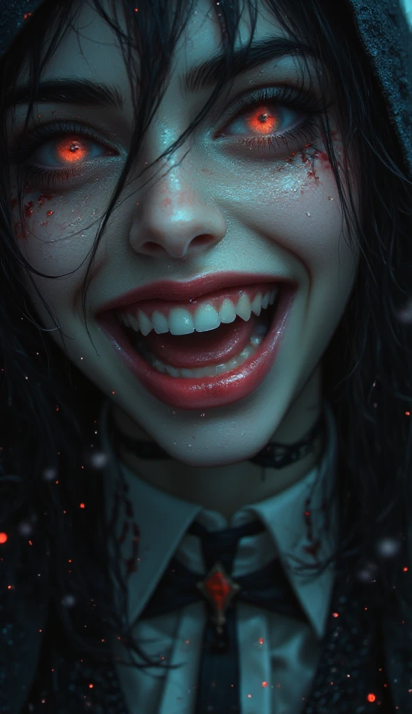 Girl with a salivating contemptuous expression with an evil smile with 