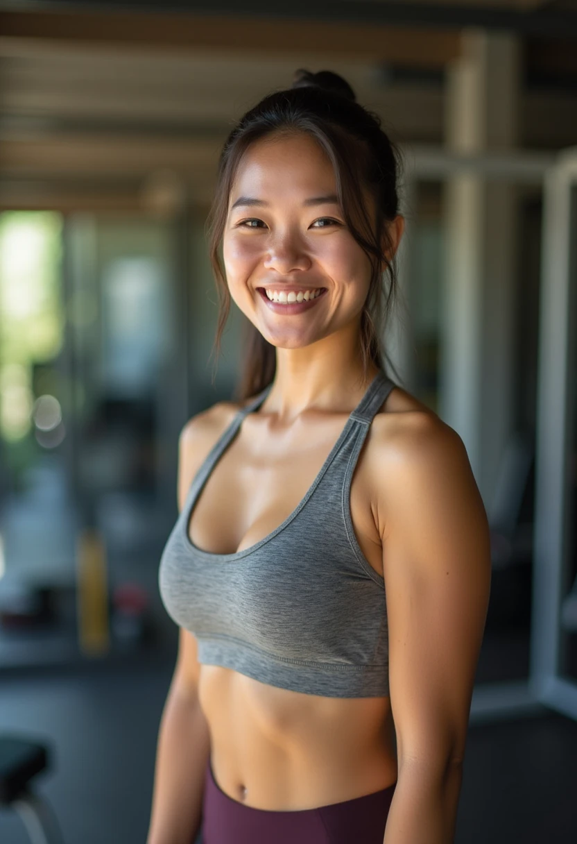 smile、Portrait Photography、A gal-style beautiful Japanese athlete wearing a sports bra is running、Depict the whole body、I'm sweating a little。