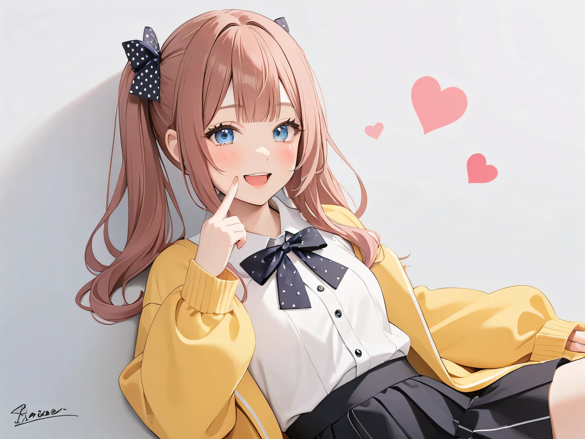 1 girl, \( Red Lilac Hair \),  Auggie Potter , virtual YouTuber, straight bangs, signature, Sleeveless, blush,   double ponytail day, black skirt, Put Your Fingers On Your Lips, lie, white shirt,   Smile, shirt, yellow jacket, Heart, black bow, skirt, long sleeve shirt ,   polka dots  , brown hair,   polka dots   bow,   double ponytail,  Raise your hand , hair bow, Sleeveless skirt, alone, :d, bow, jacket, Blue Eyes, simple background,   masterpiece, newest, absurdity of feather,   safe  