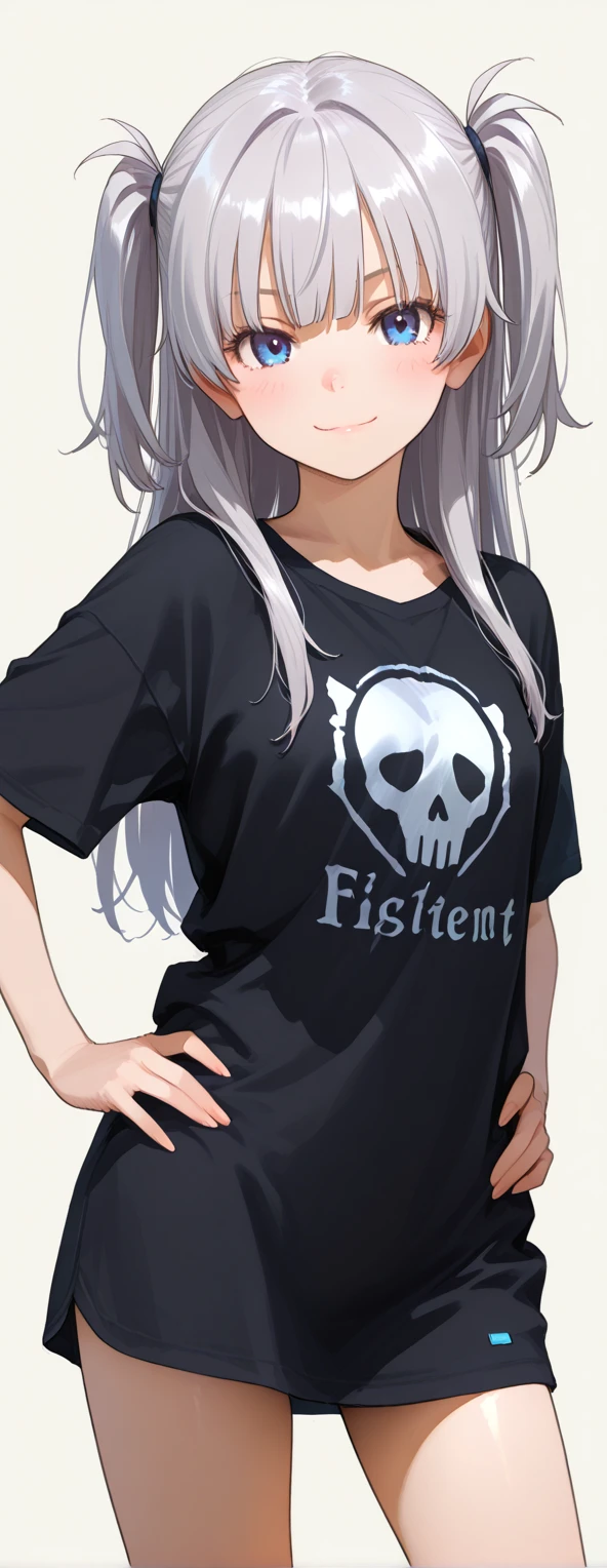 white ponytail girl Wear a black t-shirt and white shorts. Wear round black glasses Make your face emotional, yellow eyes, big breasts, wear red and yellow bracelets.