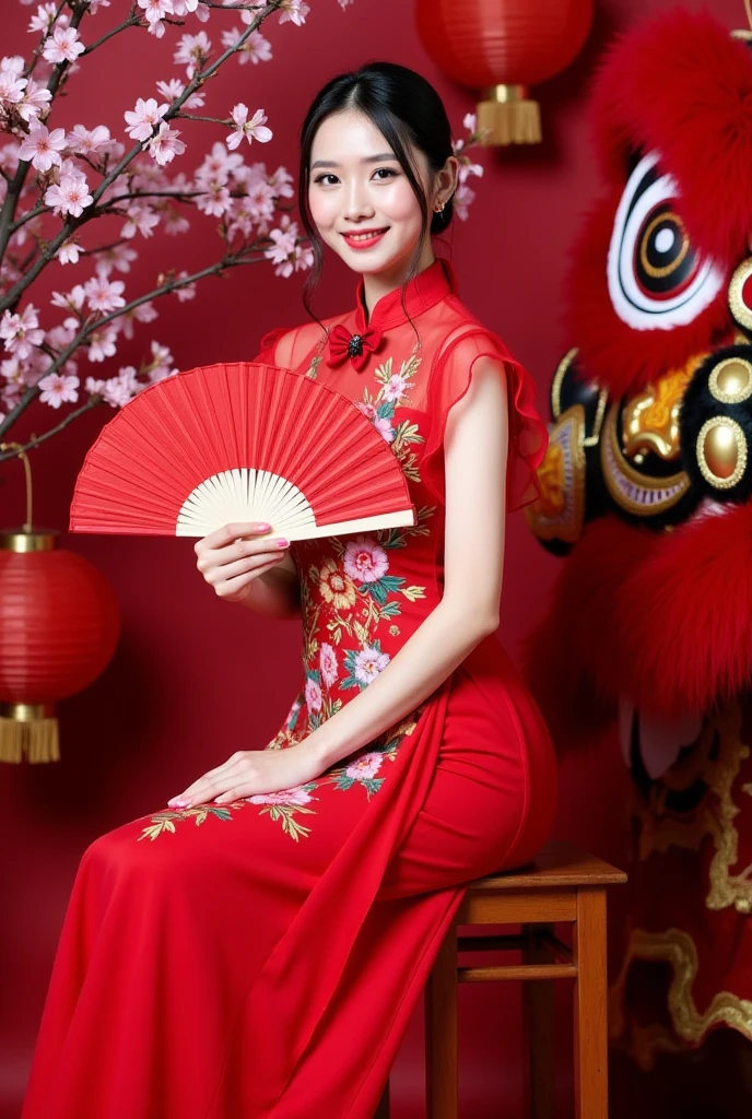 A screenshot of an old VHS tape from the early 1990s depicting a full-body shot of a young woman in red cheongsam, with short black hair and delicate makeup, standing on stage performing traditional Chinese dance, captured on Sony super8 film. She is looking directly at the viewer, with her hands resting behind her waist. The lighting casts a soft glow over her face as she stands against a dark background. Her expression exudes confidence and grace in the style of traditional Chinese dance performances.