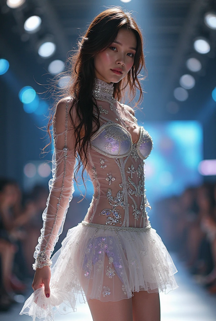 A female body made of diamonds,Don't wear anything,Full body photo,Stand on the roof of the future city
