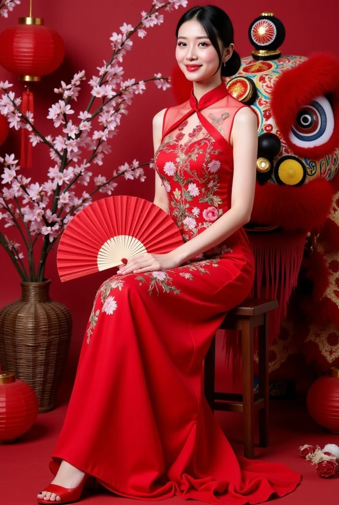 Create a highly detailed and elegant Cheongsam (Qipao) design. The dress should feature intricate floral embroidery, traditional Chinese patterns, and a high collar. The fabric should be silky and glossy, with a rich, deep red color that symbolizes good fortune. Add gold accents and trim to enhance the luxurious feel. The Cheongsam should be form-fitting, highlighting the wearer's figure gracefully, with side slits for ease of movement. Include delicate buttons along the side and an overall sophisticated, timeless look. Temple background, full body
