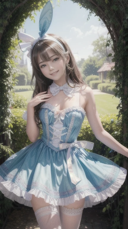 A shining ring placed in the center、Beautiful girl looking at the ring、Great smile、Bright smile、White half dress、Light blue long dress、Beautiful girl with twin tails
