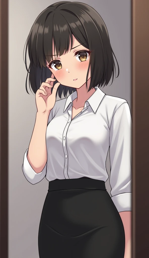 Highest quality、masterpiece、nsfw,Close-up of face、Get closer、 (Short Hair, Black Hair, Forehead:1.2), (Grey Eyes:1.1), , tears、From above:1.3、(Looking up、Glare)、、、((bukkake:1.2,cum on face, cum on hair:1.3、 cum on skirt)), ,Small breasts、
break skirt, shirt, Black Skirt, formal, suit, Pencil Skirt, office lady, business suit,
break looking at viewer, (Upper Body:1.5), whole body, (Cowboy Shot:1.5),
break indoors, office,
break (masterpiece:1.2), Highest quality, High resolution, 8K (Beautiful attention to detail:1.6), Highly detailed face, Highly detailed CG, (Perfect hands, Perfect Anatomy),