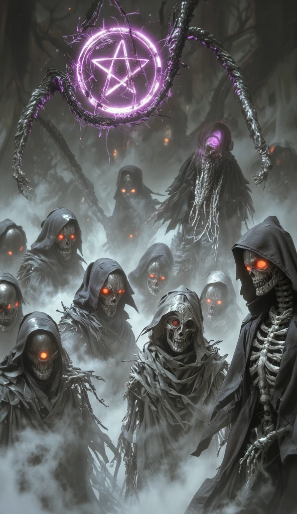 An alluring, sinister,beutiful Arabian woman backed into a corner, by several armored male soldier's conjuring blue ghost lit tendrils, ornately placed faces , ominous hands reaching and many glowing eyes, monstrous, hyperstylized,hyper detailed, hyperanimation, horror, macabre whimsical horror, hyper ybv