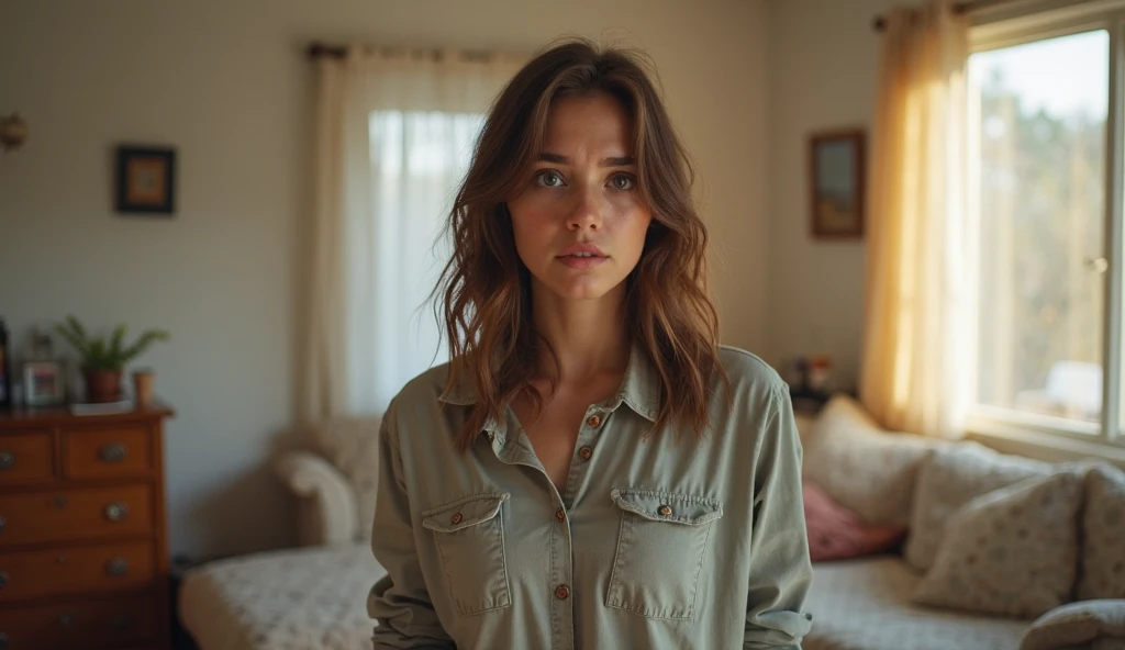4k realistic, a shocked brown haired woman standing in a kitchen, her eyes looking slightly to the left