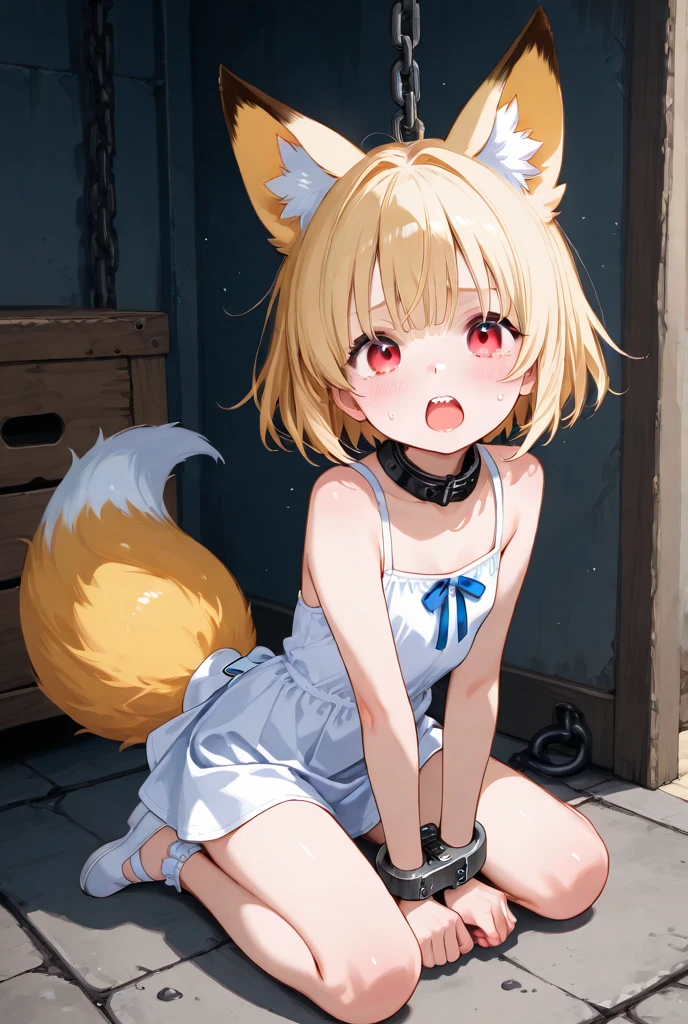 Anime. 1 girl. Baby. Kitsune. Blonde. Long hair. Blue eyes. Beautiful eyes. Perfect eyes. Expressive eyes. Ideal face. Ideal anatomical body. Beautiful long legs. Beautiful body. Beautiful nose. Fox ears. Fox's tail. . Embarrassment. Blush. Beautiful character design. Shiny skin. Dirty tunic. Torn Tunic. Slave. Collar. Shackles. On a chain. No panties. Barefoot. Cold. Runny nose. Nasal mucus. Snot. Hands on crotch. Urinary incontinence. She wants to pee. She needs to pee. She has a strong, desperate urge to pee. He squeezes his crotch tightly. Rubbing the crotch. Slight forward bend. She peed herself. The girl can't stand straight. She pees standing up. She peed herself while standing in the raov market. Middle Ages. Fantasy. City. Town Square. Slave market. Tears on eyes. Cry. Snot flows from the nose. Whole body. nsfw. Official art. Extremely detailed CG Unity 8k wallpaper. Ideal lighting. Ultra high resolution 4K. Super detailed 8K. A high resolution.