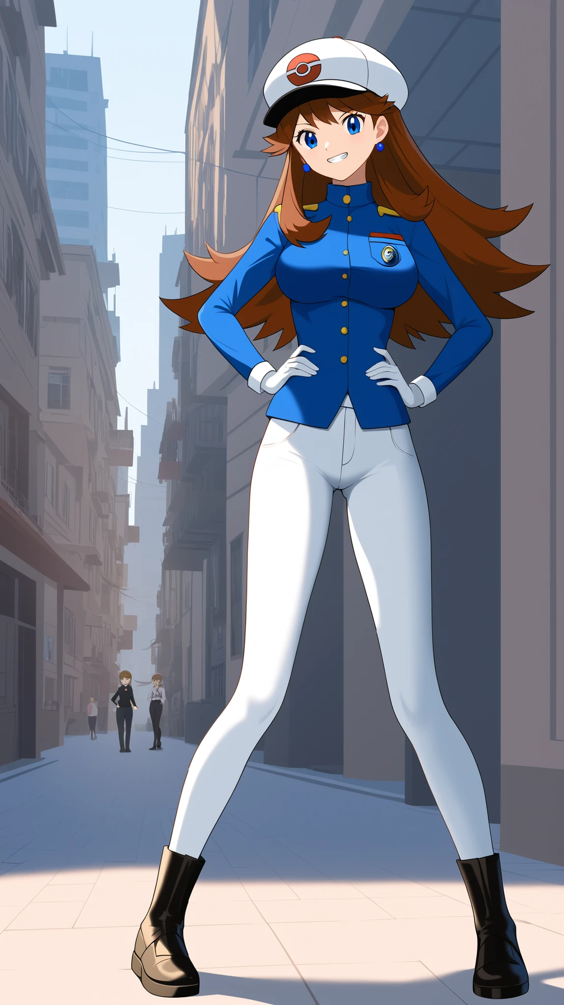  ((best quality)), ((masterpiece)), ((details)), 1girl, two legs, two arms, orange brown hair color, long hair, blue eyes, Big Breasts, tall, slim figure, anime coloring book, mean face, teeth, pose where you put your hands on your hips, white long sleeve military uniform,  white jeans, black boots, Pistol, white hat, blue earrings, Watch viewers, standing, 1 female, Age 18, Three idiot hairs , bangs, full body, slim figure, City, (\Pokemon\), score_9, score_8_excellent, score_7_excellent, score_6_excellent, source_anime, cel shading , flat color, vector,