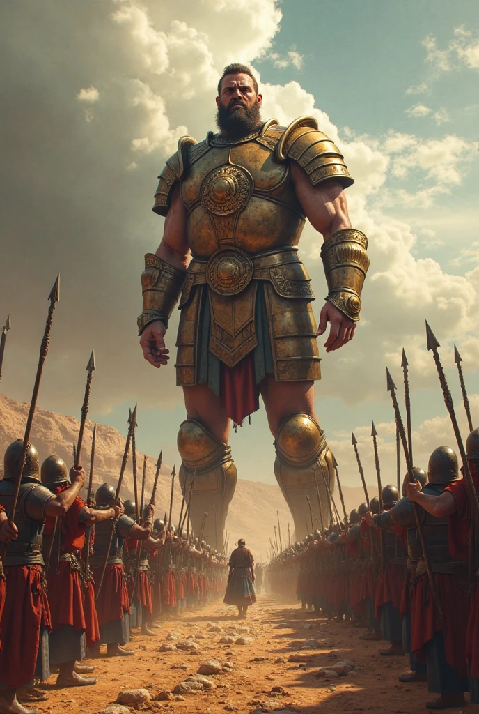 - Panel 2: Goliath challenges the Israelites to choose a champion for a single combat.
    - Goliath: "Choose a man to fight me! If I win, we will be your servants; If I win, you will be ours!"

Create an illustration about this
