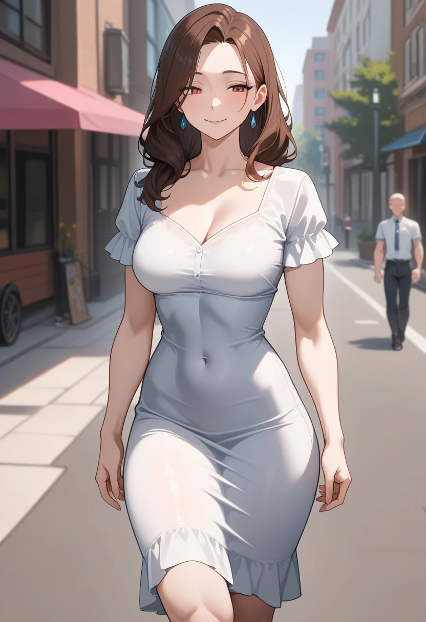 RAW, 1girl, solo, colorful, (masterpiece, best quality: 1.3), (absurdities: 1.3), walking, holding luxury bag, (skin detail: 1.3, face detail: 1.3), from above, looking at the viewer, sharp focus, delicate, (Korean beauty, mixed Korean:1.3), (mature female:1.2), (huge breasts:1.4, thick thighs:1.2, narrow:1.1), light smile, (big_eyes:1.2, brown_eyes) , red_eyeshadow, pink lips, (straight hair), looking at the viewer, (fine gray V-neck long midi dress:1.2), Park, English text, day, (sunlight on face:1.5) , open_blazer,