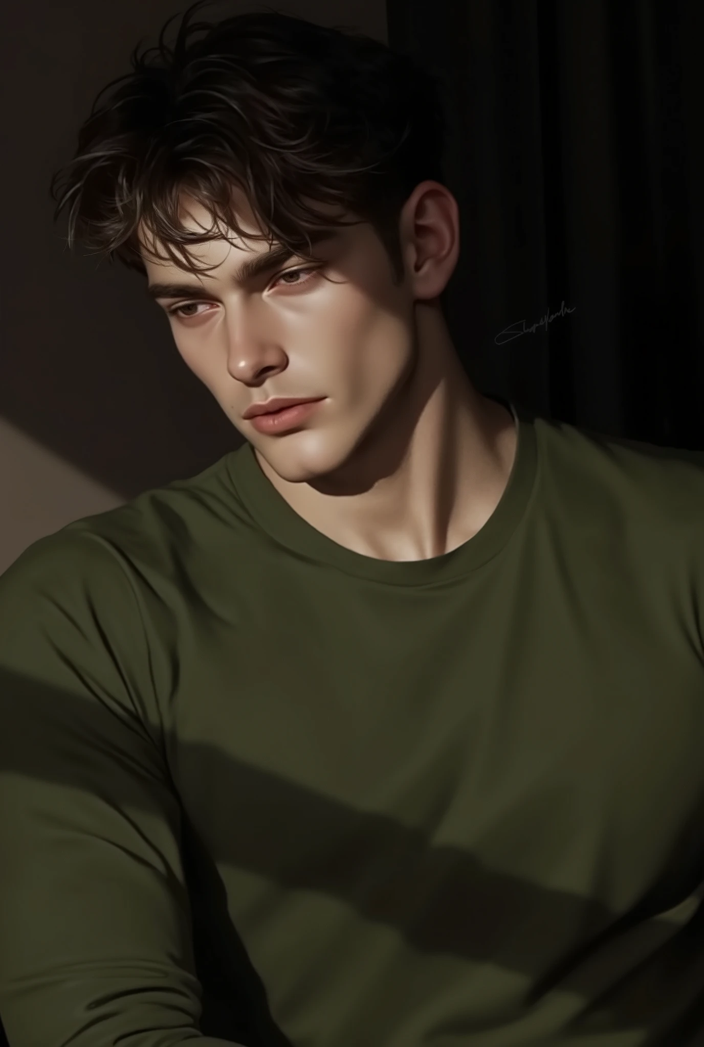 Realistic digital painting
Portrait of a young man
Moody, contemplative expression
Soft, natural lighting
Dark, messy hairstyle
Olive-green long-sleeved shirt
Handsome, elegant male character
Pale skin, subtle glow
Dark aesthetic, melancholic atmosphere
Detailed facial features, expressive eyes
Modern casual attire
Bedroom setting with dim light
High contrast shadows and highlights
Sensual and introspective mood
Smooth rendering, highly detailed textures