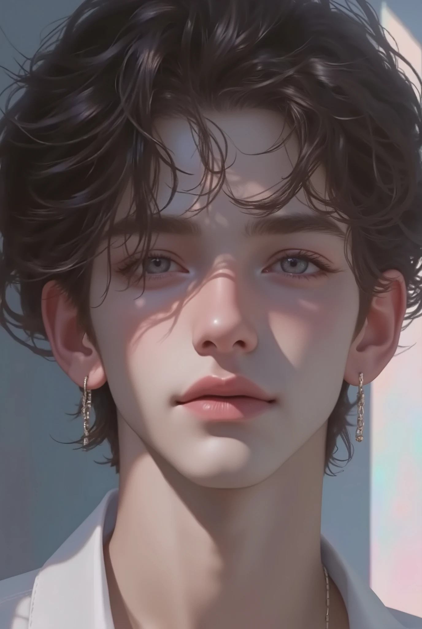 a young man in anime 3d style,(best quality,4k,8k,highres,masterpiece:1.2),ultra-detailed,(realistic,photorealistic,photo-realistic:1.37),extremely detailed face,beautiful detailed eyes,beautiful detailed lips,long eyelashes,handsome young man,anime character,3d render,digital art,expressive gaze,upper body,muted color palette,cinematic lighting,subtle shadows,living room setting, soft afternoon light, loose linen top, relaxed posture, hint of longing