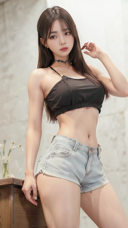Top image quality、Raw photography、超A high resolution、Cute girl at 18 years old、Shooting for one person only、big round chest、Black tank top、Beautiful Eyes of Details、very elongated eyes、Beautiful eyelashes、Beautiful double eyelids、white walls、Beautiful waist、Beautiful legs、a short bob、slender physique