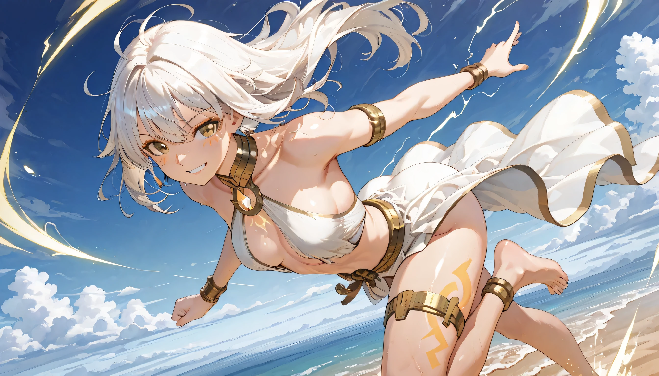 Calypso, a giant of 70 meters, emerges from a storm, His tanned skin shining with every ray. Her long golden hair blows wildly in the wind.. Naked and powerful, stands on a plain, His posture is majestic and seductive, with one leg forward and one hand caressing his neck. His eyes, full of power and desire, They look at the tiny humans at their feet. With a fierce smile, crushes a person under his foot while the wind whips around him. Her sculpted body radiates an aura of elemental eroticism., enveloping everyone in a spell of submission and fascination.
