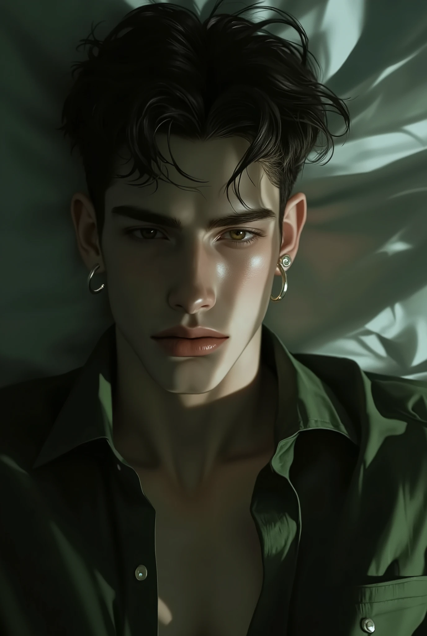 Realistic digital painting
Portrait of a young man
Moody, contemplative expression
Soft, natural lighting
Dark, messy hairstyle
Olive-green long-sleeved shirt
Handsome, elegant male character
Pale skin, subtle glow
Dark aesthetic, melancholic atmosphere
Detailed facial features, expressive eyes
Modern casual attire
Bedroom setting with dim light
High contrast shadows and highlights
Sensual and introspective mood
Smooth rendering, highly detailed textures