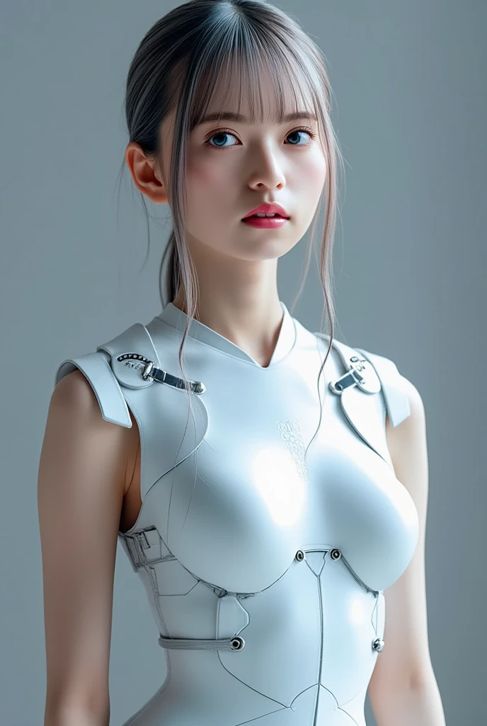 (work of art, best qualityer, hyper detailled, hyperrealistic luna girl:1.4), break beautiful Pretty Japanese ig model, Glamorous body, April rendering, (whole body shot, standing:1.2), break (detailed wear, all body wear:1.2), (futuristic sleeveless knitted dress with high neck:1.4), (emphasis on body contouring:1.2), (white theme:1.4), (silver metallic thread ornaments:1.3), (silver statement necklace:1.3), (silver bracelets:1.3), (silver hoop earrings:1.3), (Silver anklet:1.3), (White leather gloves:1.3), (hand held skirt hem:1.3), (high-top sneakers with thick high-tech sole:1.4), (white theme:1.2), (silver details:1.2), (futuristic latex sun visor:1.4), arranged gray hair, break (detailed medium breasts, body detailed, Detailed legs and calves), (ultra thin belt, firm medium breasts, medium buttocks, beautiful sexy legs:1.2), White and beautiful silky skin, thin and short neck, Small head, break Small head, face detailed, cute and pretty (lean face:1.2), duck mouth, perfect beautiful tooth, blue colored eyes, Eyes half open, glare eyes, gray hair, looking for others, (in a concrete, fog, mist, cherishing)