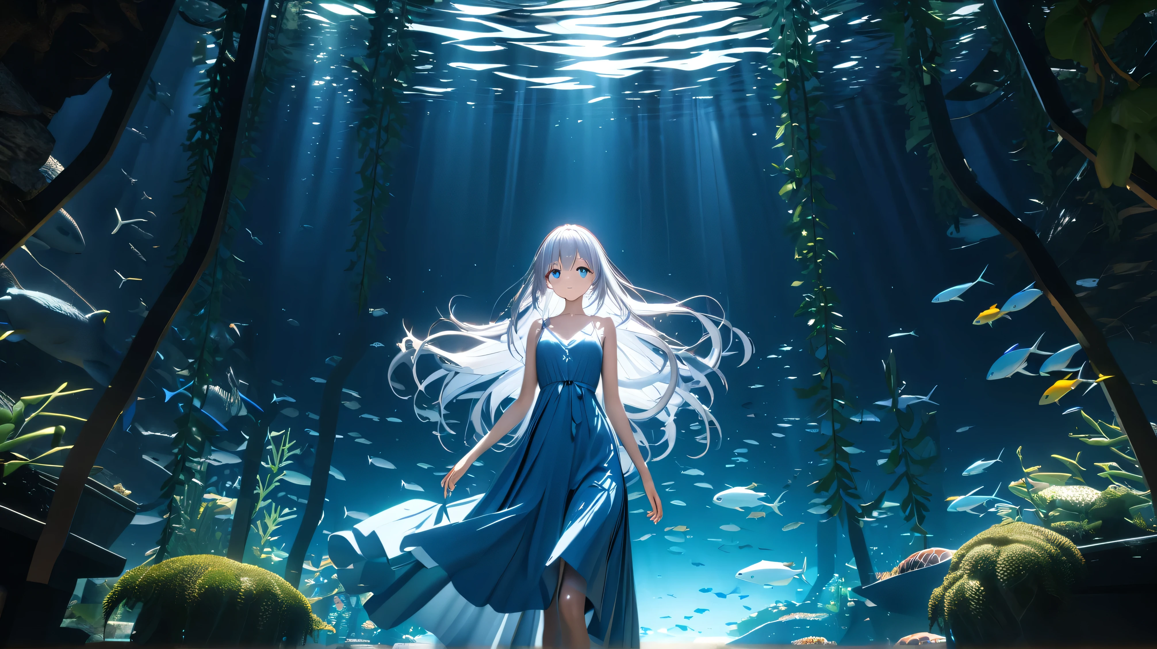a naiad underwater, wearing a dress made of seaweed. water distorting light, refracting sunbeams, volumetric light. from behind