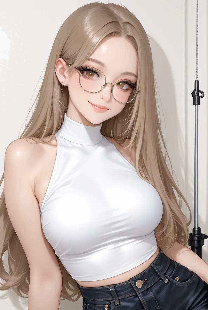 photorealistic, high resolution, 1 girl, white hair, korean, blue eyes, white sexy shirt, skimpy tight black shorts, thick thighs, crop top sexy, show breast, long legs,medium thighs, Glasses beauty、Colossal tits:1.5、beautiful eyes finely detailed、elongated eyes、pale pink blush、long eyeslashes、Beautiful double eyelids、eyeshadows、earrings、shiny white skin、