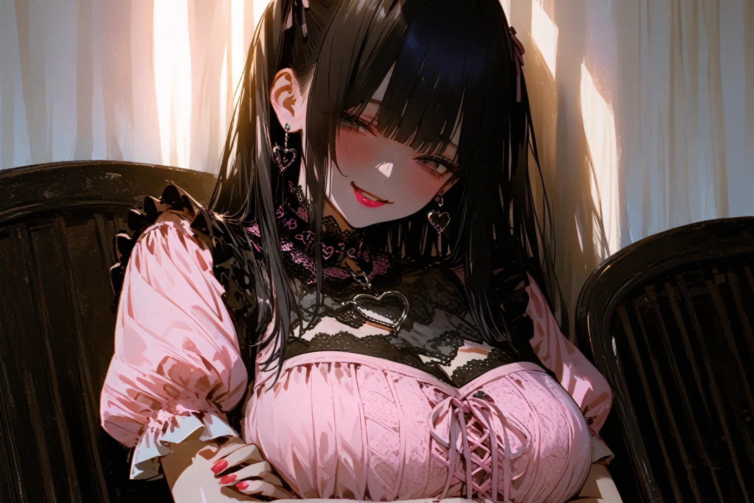 Detailed facial details,16 years old,1 girl,Red lips,Cat ear,Black long hair,Wearing a maid outfit,Large Breasts,Collar,Radiant Skin,hostel,Sitting on the bed
