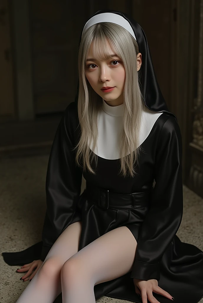 16K quality、Highest quality、masterpiece、High resolution、Real photo、 (Ultra-realistic、Photorealistic)、(Professional Quality、High resolution)、超High resolution、((Long Shot、Full body portrait))、(((NunsがM字開脚で足を大きく開いて座る)))、(((At church、Stained glass in the monastery)))、(((Nuns、黒のワンピースのNunsの修道服、White collar、Nunsのベール:1.2)))、((She sits with her legs wide apart and the hem of her robes rolled up.、She rolls up the bottom of her robes with both hands to reveal her white panties.))、(High cut high leg white panties)、Rosary、(((Blonde:1.5)))、((艶のあるBlonde、Medium-long hair))、((Black high heels))、(((Excited at the height of sexual pleasure、blush:1.5)))、(((Embarrassed expression、I can't control the pleasure:1.5)))、((blush))、(((A cup breasts)))、(((Sit with legs apart in an M-shape、Sit with your knees upright and your legs open)))、Shiny earrings、((blue eyes))、choker、Beautiful legs、(Big eyes、No makeup,)、 subtle eye shadow、Perfect body、Perfect hands、Perfect Fingers、Detailed and beautiful thin lips、A clear, beautiful face and well-proportioned eyes、Long eyelashes、double eyelid、A neat nose、Thin eyebrows、Border Light、Realistic Light、 Cute round face, Plump thighs、Accentuate your thighs、Hairstyle with bangs、Slender body、slim、Light-reflecting skin、Sweating all over、Model body type、８Head to Body、Low - Angle、The light reflected in your eyes、Smaller face、Lip gloss、Looking away、Background blur、Movie lighting from the front、Light on face 