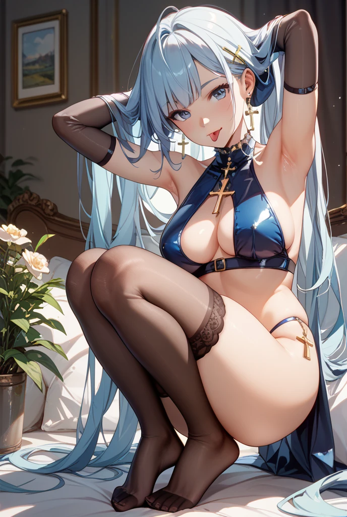 Character Details:, - Gender: 1 Girl.
- Style: Anime, - Body Type: Attractive body, slim body, nice legs, slim tights, nice arms, nice shoulders. - Breast: (Small Breast:1.1), (Cleavage), (Nipple:1.1).
- Facial Feature: Beautiful, Gorgeous, ager, Fresh, Young.
- Expression: Shy, Pink Blush on Face, Pink Tongue, Sexy Eyes, Sexy Look, (Sweating:1.4), Innocent Look, Tipsy. - Hairstyle: Blunt Bangs, Long Hair. - Hair Color: (Light Blue Hair:1.5), (Messy long Hair:1.3),
- Clothing: (Lingerie Dress:1.3), (Off-Shoulder:1.3),. - Body Pose: (bend over:1.4), (Hands on Knee:1.4). - Behaviour: Waiting, Want Something, Secretly.
- Accessories: Earrings, No Hair Accessories, Environmental Details:, - Setting: Bed Room., - Lighting: Natural Light., - Decoration: Modern Bed, Chair, Window, White Curtain, City View. Top view. pov, anime style, UHD, retina, masterpiece, accurate, anatomically correct, textured skin.
