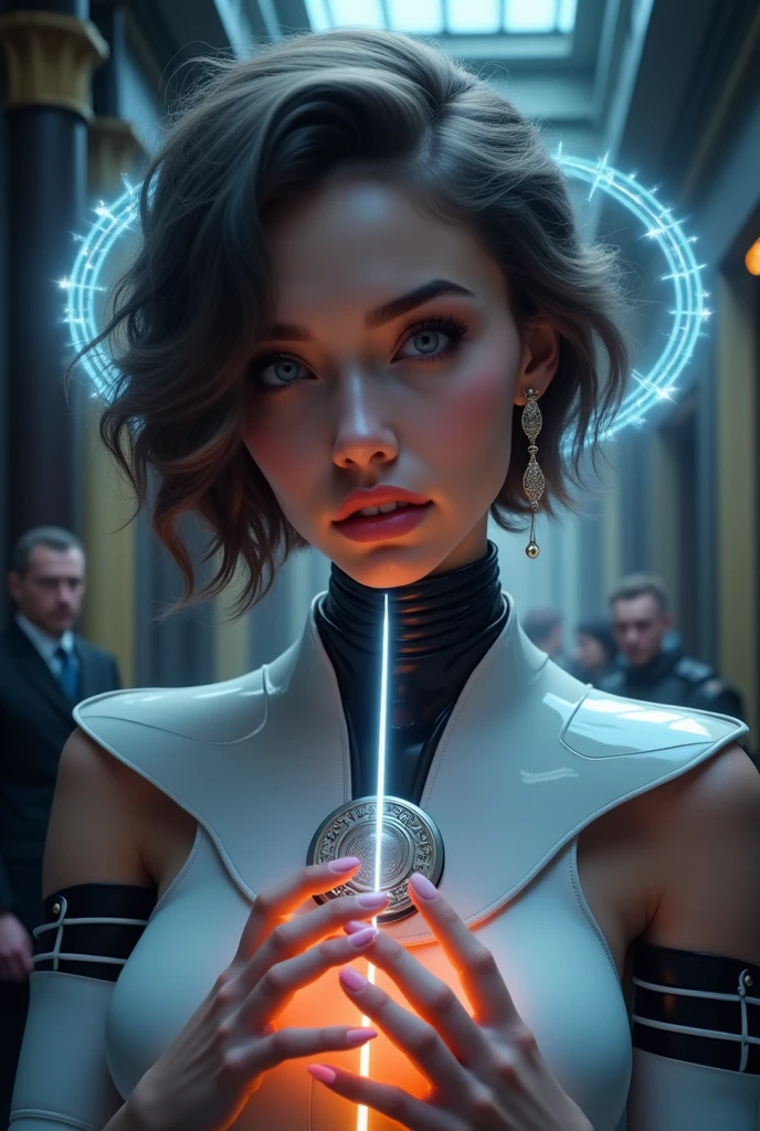 three women in futuristic costumes holding a glowing object in a room, shot on arri alexa, boris vallejo and ilya kuvshinov, emperor secret society, awarded on cgsociety, big symmetrical eyes of bjork, the last jedi, inspired by Trevor Brown, grey orange --auto --s2