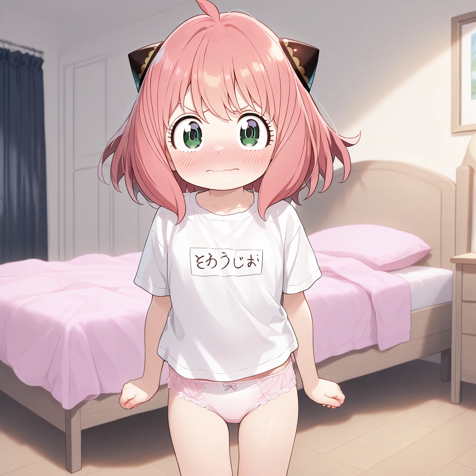 (masterpiece:1.2,high quality),8K,High resolution,A seven-year-old girl,cute girl,Hinata Hoshino,Orange red hair,short hair,Unilateral side ponytail,cat ears,(light red eyes),laughing,fang out,open mouth,heart ahoge,lying on the bed,White shirt,white panties,white stockings:1.6,Primary school students,thigh,alone,((Hand in own pantie,hand in panties,One hand in the panties))