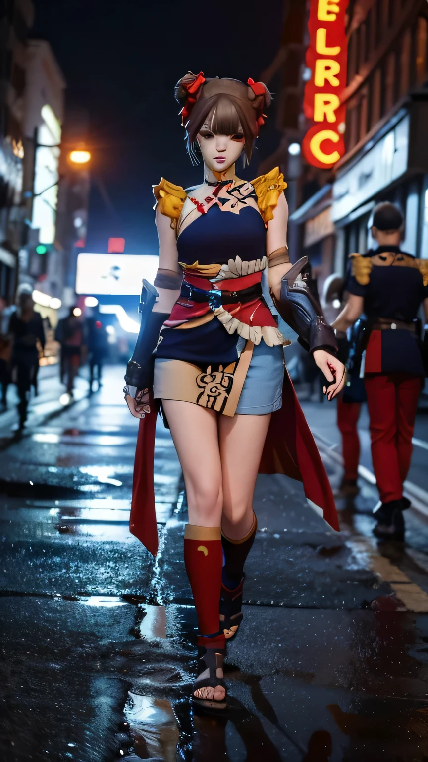 A powerful character , walking confidently towards the camera in a neon-lit cyberpunk city street, followed by masked soldiers with glowing red eyes, cinematic movement, dramatic lighting, camera slowly tracking forward, flowing hair moving with the wind, ultra-detailed, anime style, high energy atmosphere