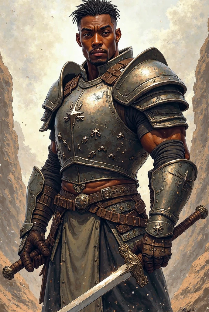(full body portrait:1.2), (long shot:1.2), (extremely handsome African American cleric male), soldier, black robes and black armor, Rebecca Guay, Akihiko Yoshida, Posuka Demizu, Ayami Kojima, high detail digital art, (raining), film grain, (urban warzone setting:1.3), lively expression, (soulful eyes), (expressive eyes)