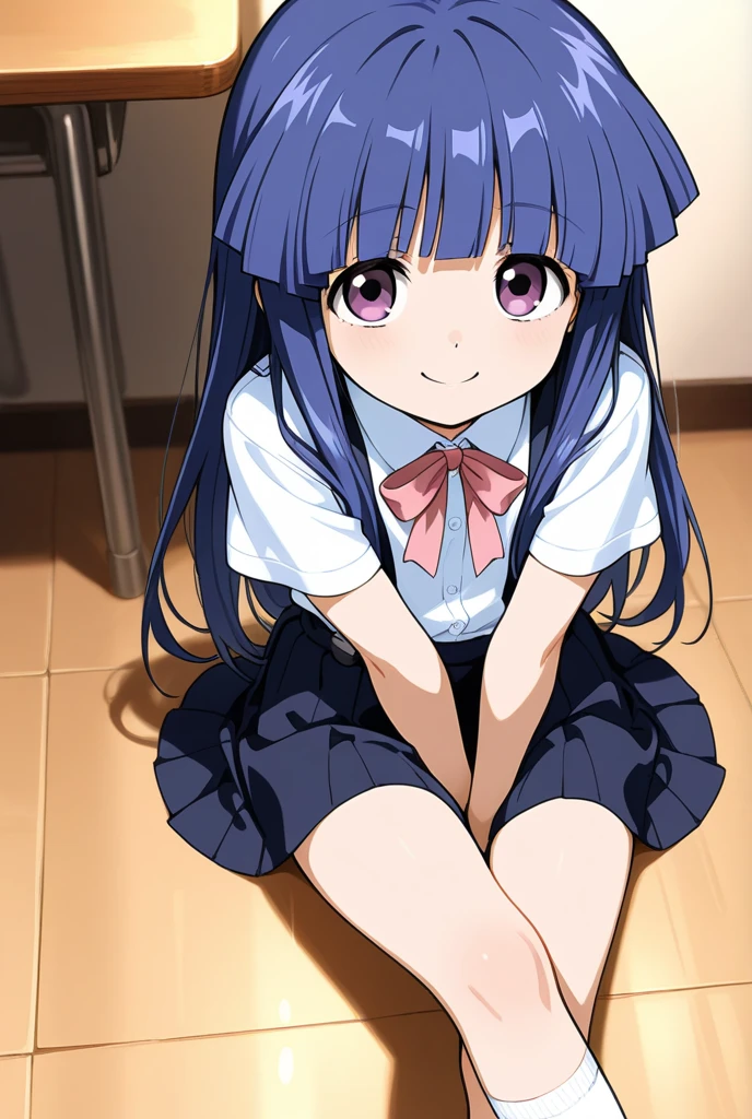 score_9, score_8_up, score_7_up, score_6_up, source_anime,,,,1girl, solo, furude rika, (tween:1), kawaii, blue hair, purple eyes, long hair, blunt bangs, bangs, simple background, white background, bow, skirt, shirt, suspenders, smile, short sleeves, pleated skirt, white shirt, open mouth, red bow, ^_^, suspender skirt, , black skirt, collared shirt, blush, bowtie, blunt bangs, dress shirtt, , anime screencap, anime coloring.serious,,cheek rest,sitting.