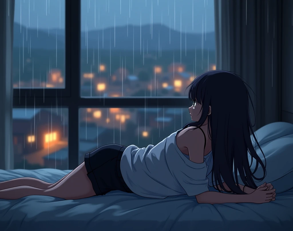 Girl listening to music in a cozy room at night, Using headphones, 2D style anime, Lo-fi, Hard Drive, dark environment, In the back of the room, a window with glass., Outside, rain is hitting the glass window