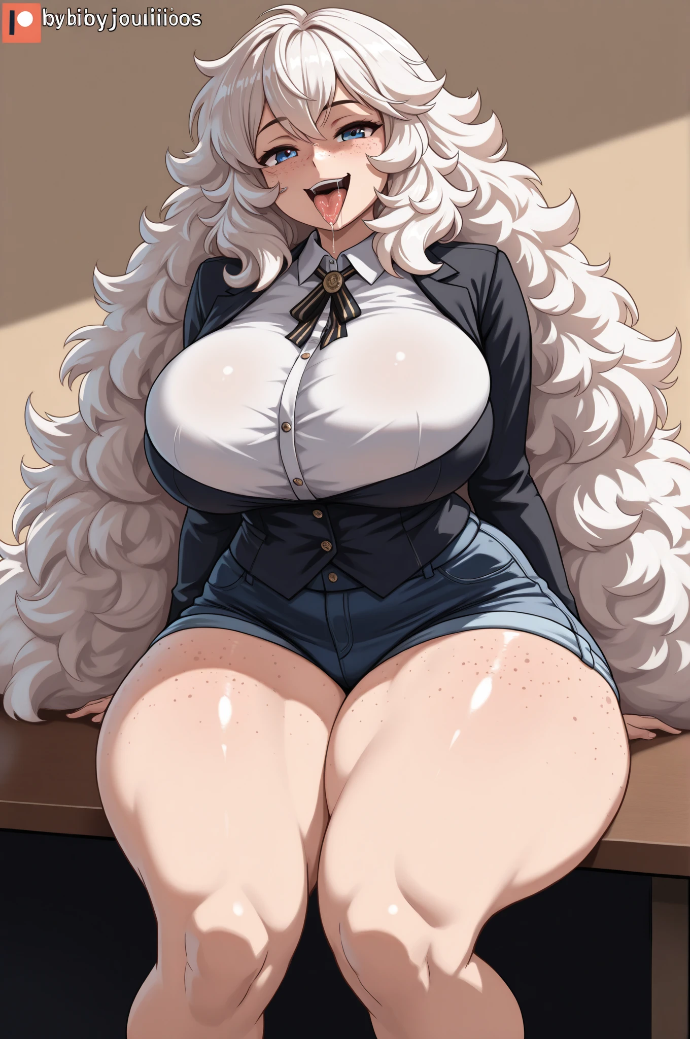 (solo) female anthro Lamia, long fluffy hair, fluffy hair, Lamia, big breasts, attractive, teacher dress, fit body, Lamia tail, arachne eyes, thicc, freckles, freckles on face, smug eyes, (happy expression , moaning with open mouth and tongue out), she is standing look to the right, violet background, simple background, thick thighs (dark skin, ebony, deep ebony) (side view)