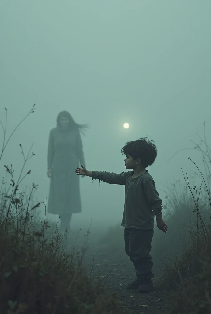 Indonesian ??? is haunted by a ghost, the  runs in the forest, Indonesian fairy tale, horror movie, ultra detailed, photorealistic, masterpiece.
