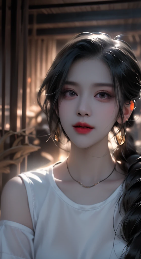 masterpiece, 1 beautiful girl, fine grain, Swollen eyes, highest quality, Ultra High resolution, (reality: 1.4), Cinema Lighting, Japanese, Asian Beauty, Korean, so beautiful, Beautiful Skin, thin, Body facing forward, (Ultra-realistic), (High resolution), (8k), (Very detailed), ( Best illustrations), (Beautiful and detailed), (Very detailed), (wallpaper), Detailed face, Bright lighting, Professional Lighting, View audience, Look straight ahead, A simple red dress, 46 point diagonal bangs, White background、Off-the-shoulder dress 1.5、Lace fabric、See-through fabric 1.5、Transparency、Transparency全身写真